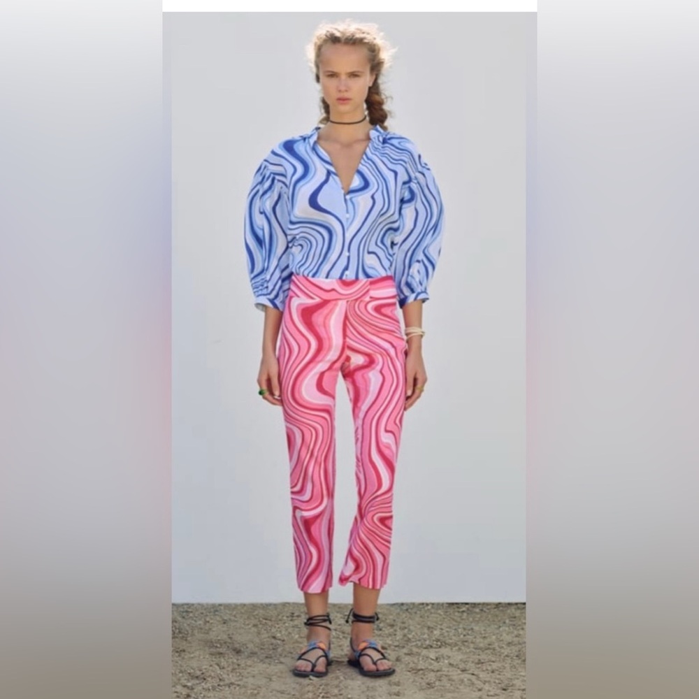 NWT Zara Linen Blend Crop Pants Pucci-like Swirl Design M necklace earrings set